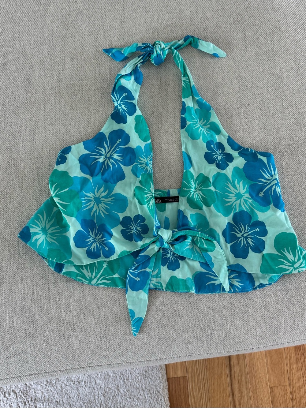 Zara Teal & Aqua Floral Halter Tie-Front Camisole